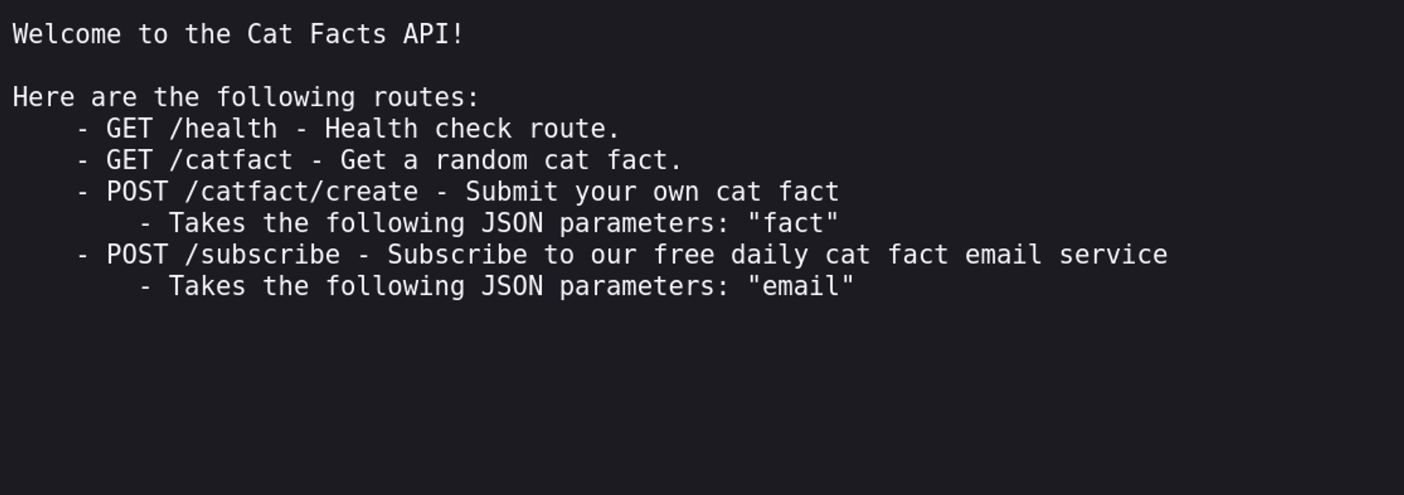 Preview of the cat facts API front page